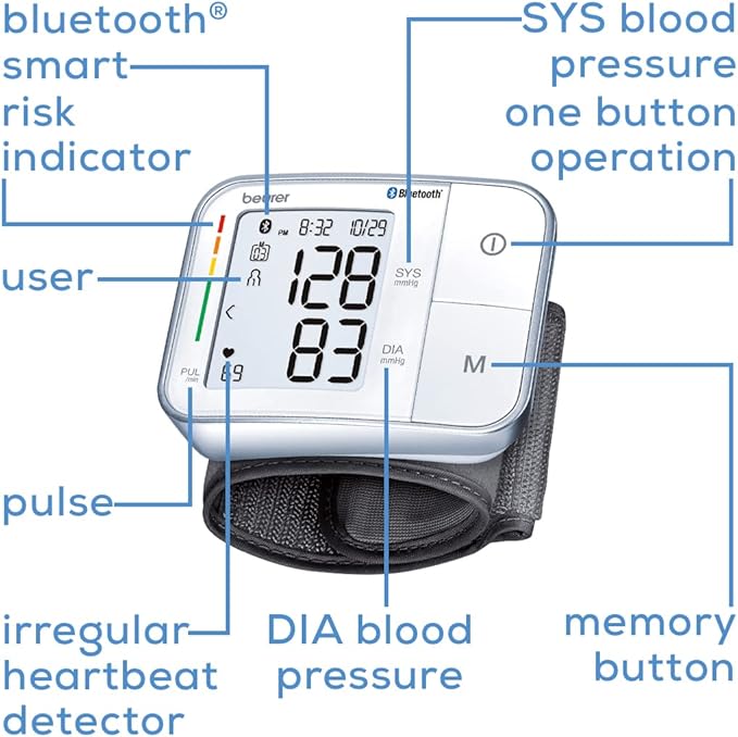 Beurer BC57 Wrist Blood Pressure Monitor – Automatic Wrist Blood Pressure Cuff - Bluetooth – 120 Memory Spaces with Irregular Heart Rate Detection, Large Display, Resting Indicator, Storage Case