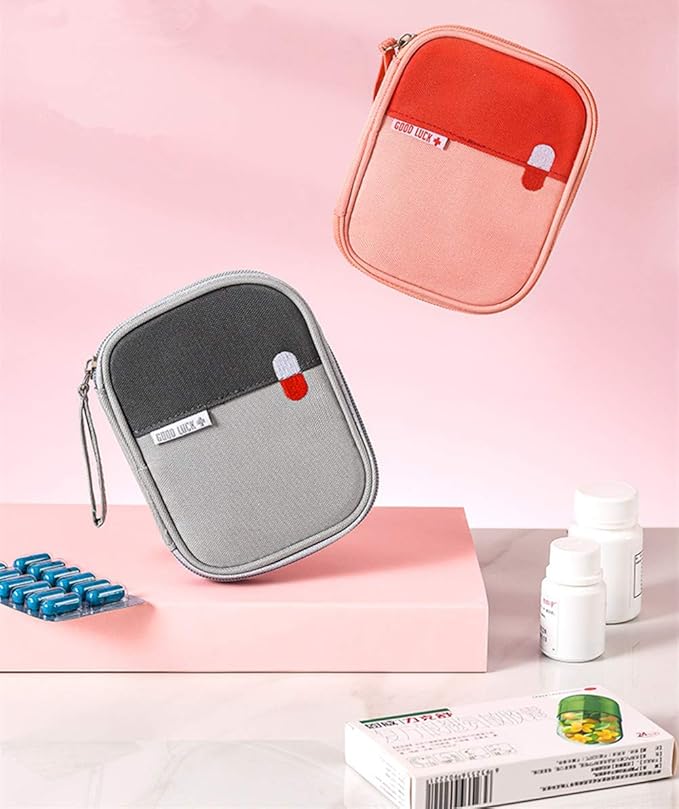 First Aid Kit Bag Empty Travel Medication Pouch Mini Zippered Oxford Medical Survival Kit Carrier Handy Medicine Pills Drugs Package Organizer with 3 Pocket+1 Main Holder-5.5x4.3x0.8Inch (Gray-S)