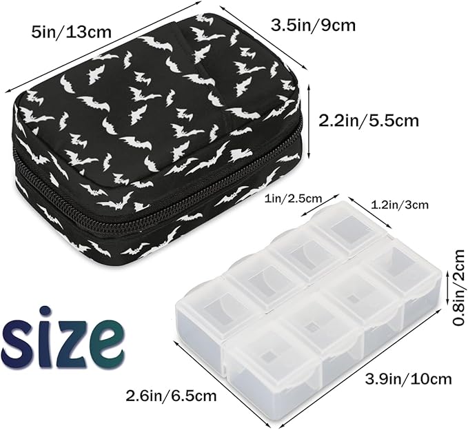 Weekly Travel Pill Organizer Case for Purse with Removable 7 Day Box Portable Compact Size Pill Box Fashionable Pill Container for Medicine Vitamin Supplement Halloween Goth Bat