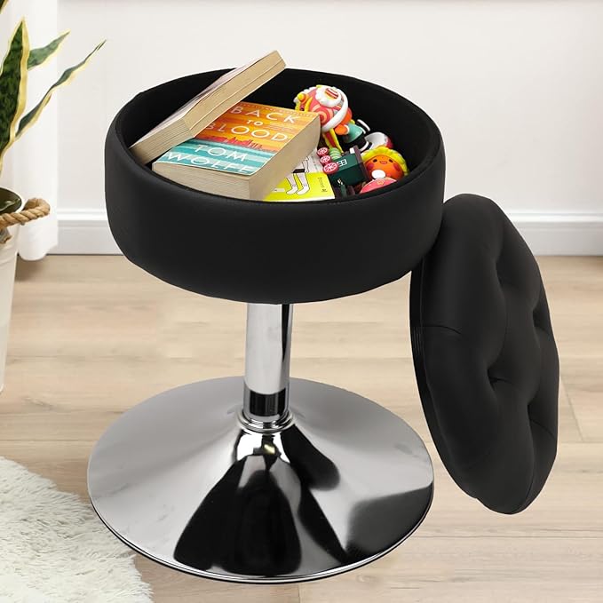 Salon Stool with Big Storage Set of 2, Height Adjustable 361° Swivel Modern Round Leather Tufted Makeup Vanity Stools for Massage Facial Spa Beauty Nail Medical Clinic Tattoo Barber, Black