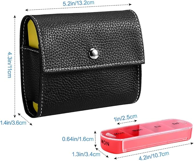 Weekly Pill Organizer Box Case Travel Medication Reminder Daily AM PM, Day Night 7 Compartments in Leather Carrying Case