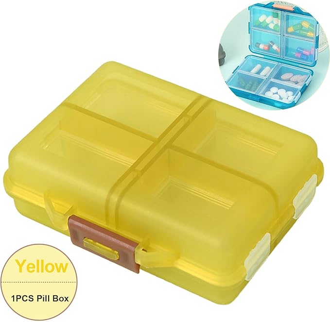 Travel Pill Organizer, Moisture Proof Daily Medicine Dispenser Box, Small Weekly Vitamin Case for Supplement, Fish Oil, Meds, Pocket Pharmacy Cute Capsule Container 8 Compartments, Yellow