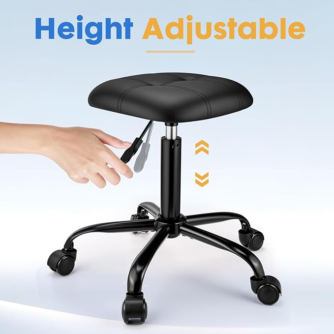 Square Rolling Stool with Wheels Height Adjustable Swivel Stools Office Chair Stable Base Foot Black