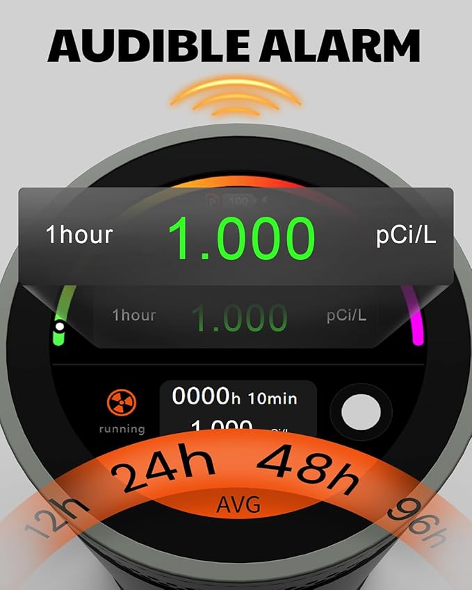 HOUND-3699 Radon Detector, 10-Minute Measurement Updates, Audible & Visual Alarm, Touchscreen Color Display, Long-Term Radon Concentration Monitoring for Home, pCi/L - Black