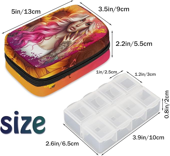 Abstract Sunflower Girls Pink Travel Pill Organizer Box Weekly Portable Pill Case Daily Pills 7 Day Small Birth Control Pills Container Removable Compartments for Medicine Vitamins Fish Oil
