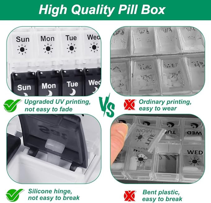 Shintop Pill Organizer 2 Times a Day, Easy Fill Weekly Pill Box Am Pm Push Button Pill Container 7 Day Medicine Organizer for Vitamins Supplements （Black&White）