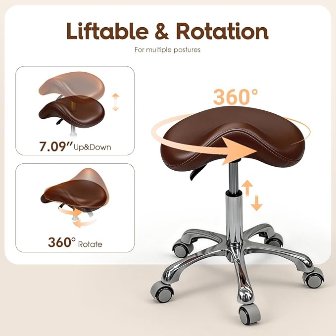 Saddle Stool Rolling Chair for Medical Massage Salon Kitchen Spa Drafting,Adjustable Hydraulic Stool with Wheels (Brown, Without Backrest)