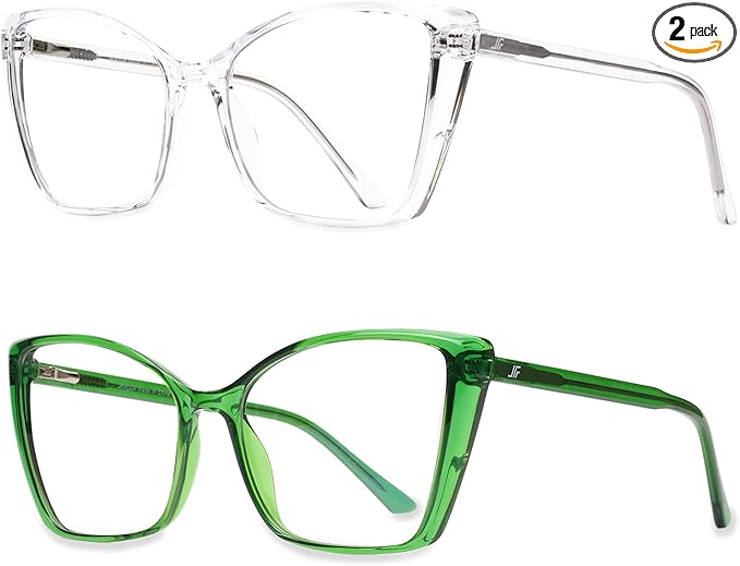 2 Pack Blue Light Blocking Glasses for Women, Oversized Trendy Cat Eye Computer Gaming Glasses Anti Glare & UV Glare RF6204 (Clear + Basil Green Cateye Frame)