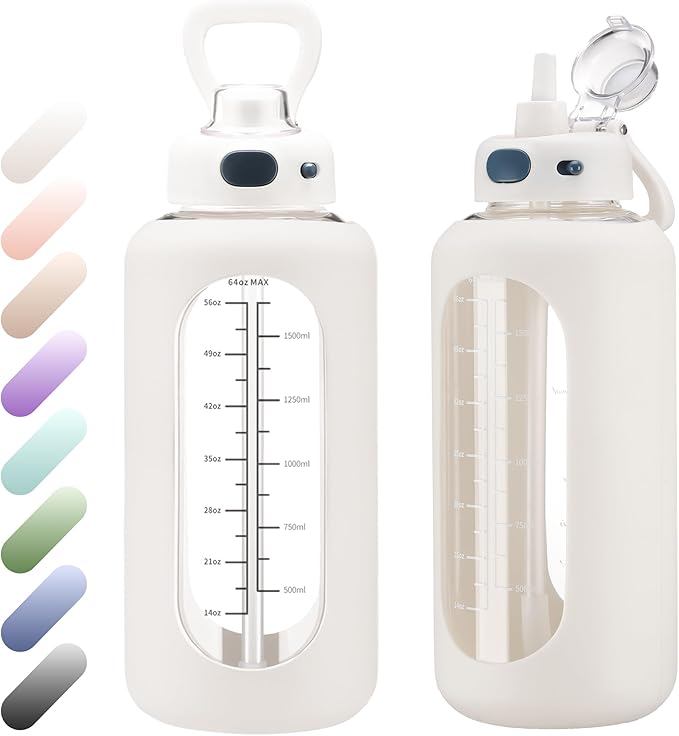 SIEROZUR 64 oz Glass Water Bottle with Straw and Handle Half Gallon Large Water Bottle with Silicone Sleeve and Time Marker Sports Water Jug Wide Mouth for Travel Gym
