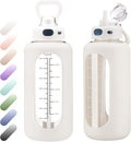 SIEROZUR 42 oz Glass Water Bottle with Straw and Handle Half Gallon Large Water Bottle with Silicone Sleeve and Time Marker Sports Water Jug Wide Mouth for Travel Gym