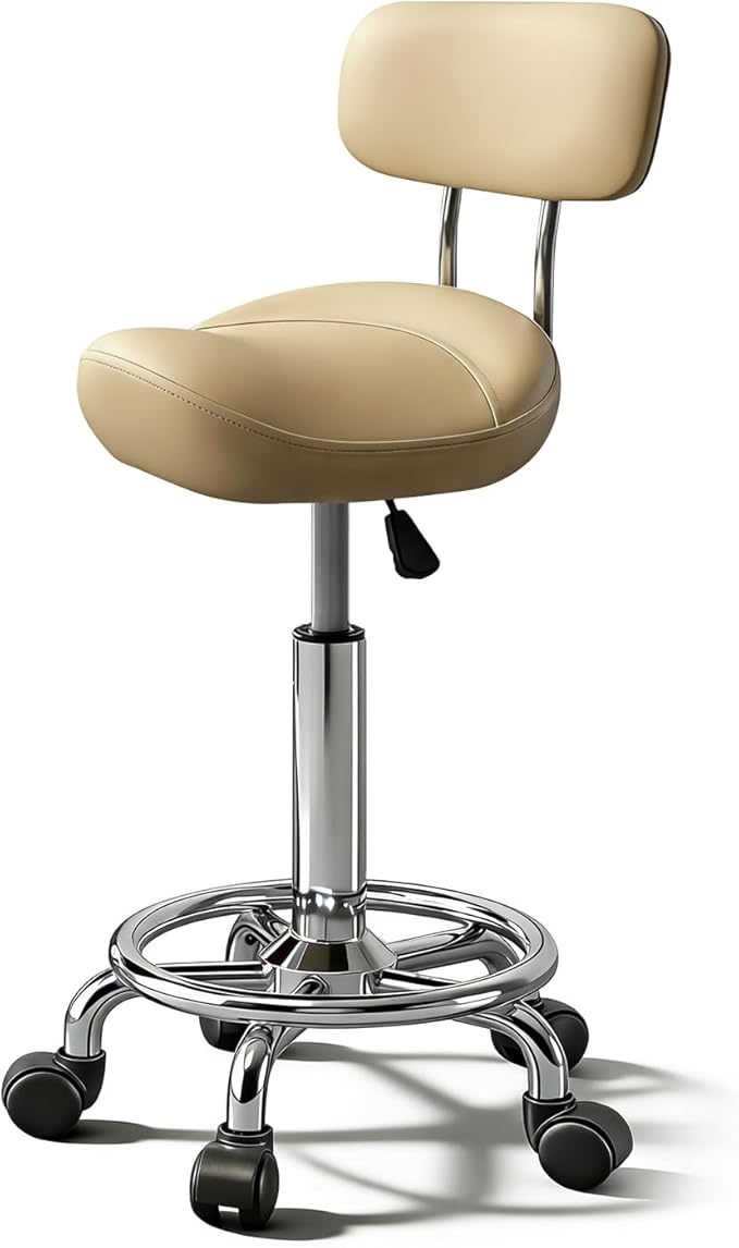 Saddle Stool with Ring Pedal and Back, Adjustable Hydraulic Rolling Chair with Wheels for Medical, Massage, Salon, Spa, Kitchen, and Drafting Use