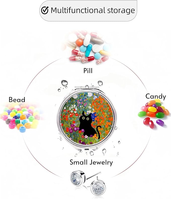 3 Compartments Detachable Mini Pill Case for Purse Pocket, Travel Pill Organizer, Small Portable Metal Pill Box with, Three Times a Day Pill Container for Children, Men and Women - Cat in The Flowers