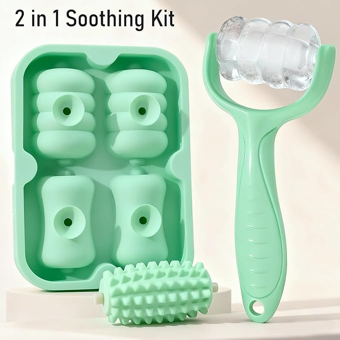 Ice Roller for Face, Reusable Facial Ice Roller for Eyes, Face, and Neck, 2 in 1 Massage Roller with Ice Face Mold and Silicone Textured Roller Head for Skin Care and Puffiness & Pain Relief, Green
