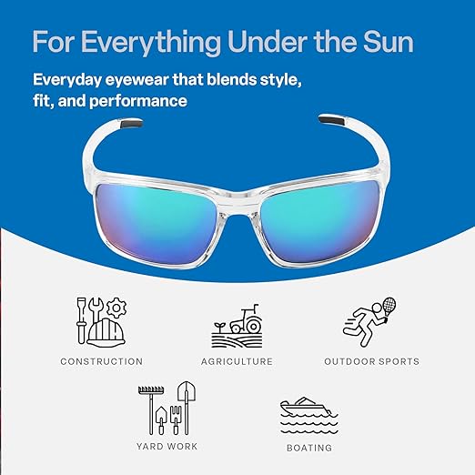 Bullhead Safety Eyewear Pompano Glasses - Anti-Fog, Lightweight, Impact/Scratch Resistant, UV Blocking Sunglasses for Cycling, Fishing, Driving, Green Mirror/Clear