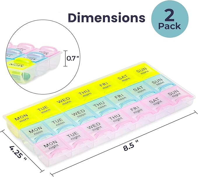FMP Brands 2 Pack Pill Organizer 3 Times a Day, Weekly Medicine Organizer Pill Boxes, 7 Day Large Pill Holder Organizer Sorter Container Case, Morning Noon Night Pill 3 Times a Day Travel Pill Box