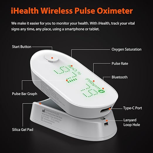 iHealth AIR Rechargeable Fingertip Pulse Oximeter, Blood Oxygen Saturation Monitor with App, SpO2, Pulse Rate, Plethysmograph, and Perfusion Index