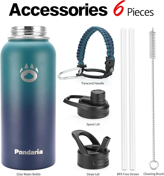 Insulated Water Bottle 32oz, Stainless Steel Water Bottle with Straw & Spout Lids & Paracord Handle | with Straw, Spout Lids, Paracord Handle