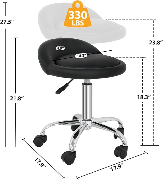 Hydraulic Rolling Stool with Back Support,300LB Capacity Black Adjustable Height Swivel Chair with PU Leather Seat and Lumbar Support,for Salon Spa Tattoo Massage Clinic Office