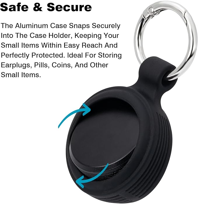 Premium Carrying Case + Clip - Small Metal Keychain Holder for Earplugs & Pills, Waterproof Airtight Aluminum Travel Pill Case with Silicone Sleeve, 1 Spring Clip, Fits Loop/Eargasm/Vibes