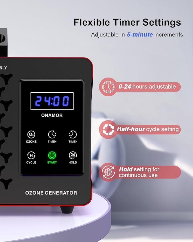 ONAMOR Digital Ozone Generator Odor Eliminator 180,000mg, High Capacity Ozone Machine Odor Removal Up to 8,000 Sq.Ft, Ozone Odor Eliminator, Ionizer Ozonator for Home, Car, Smoke, Pet Room (Red)
