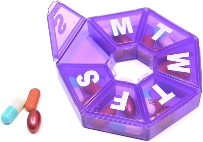 Pillthing Weekly 7 Sided Pill Organzier 3 pack 1 each of Blue Green Purple. Small Pill Box for Travel with Medical Alert Card