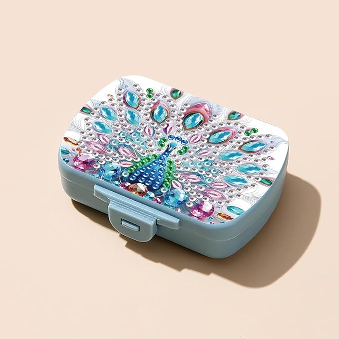 C'eitura DIY Peacock Diamond Art Painting Blue Pill Organizer with 6 Lid Detachable Compartments, Fun DIY Craft Project for Adults, Elegant Pill Case for Purse & Travel