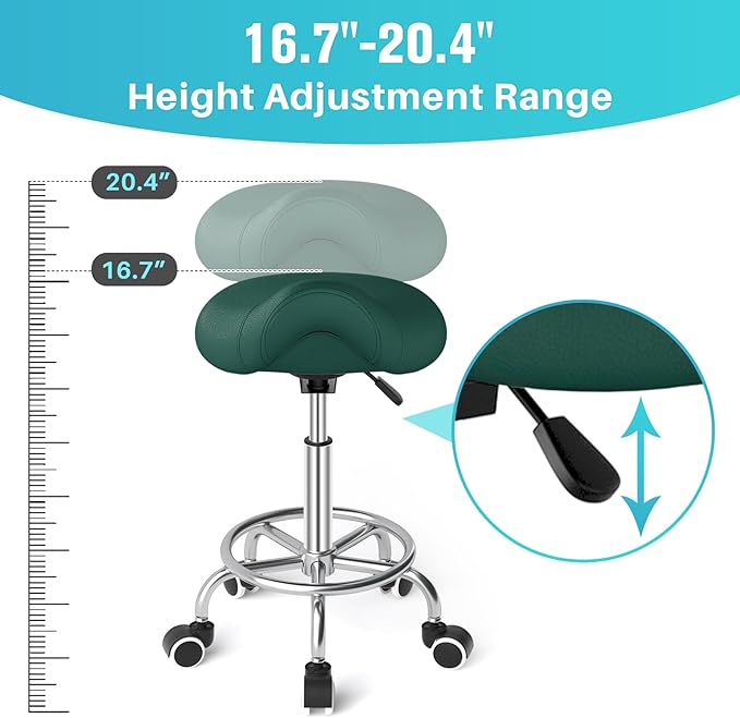 YEEZEE Saddle Stool Ergonomic- Comfortable Rolling Saddle Stool with Wide Thick Saddle Seat Padding, Swivel Adjustable Saddle Chair with Wheels and Ring Pedal for Medical Massage Salon (Green)