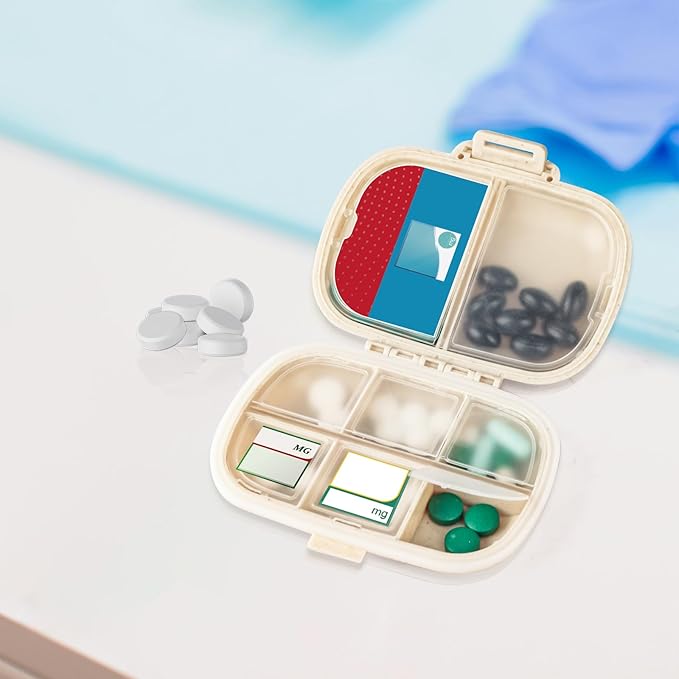 1Pack Travel Pill Organizer & 56 Medicine Name Stickers, 8 Compartments Portable Pill Case, Small Pill Box for Pocket Purse Portable Medicine Vitamin Container (Beige with Stickers)