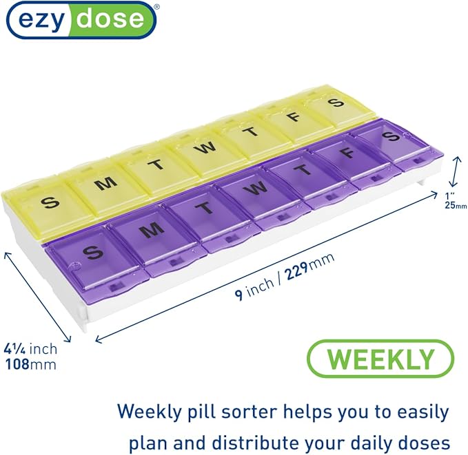 EZY DOSE Pill Organizer Weekly AM/PM (7-Day), Medicine Planner, Vitamin Case/Box, 2X-Large Locking Compartments to Secure Prescription and Prevent Accidental Spilling, Purple and Yellow, BPA Free
