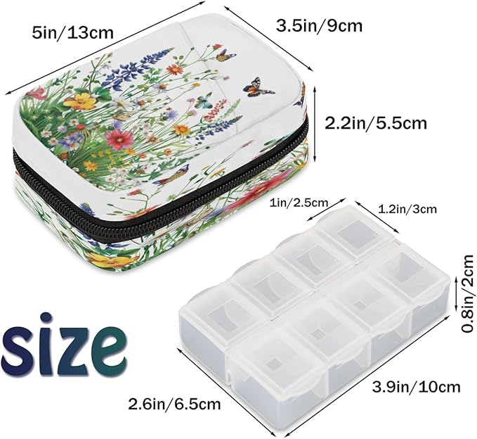 Flower Animal Butterfly Color Travel Pill Organizer Box Weekly Portable Pill Case Daily Pills 7 Day Small Birth Control Pills Container Removable Compartments for Medicine Vitamins Fish Oil