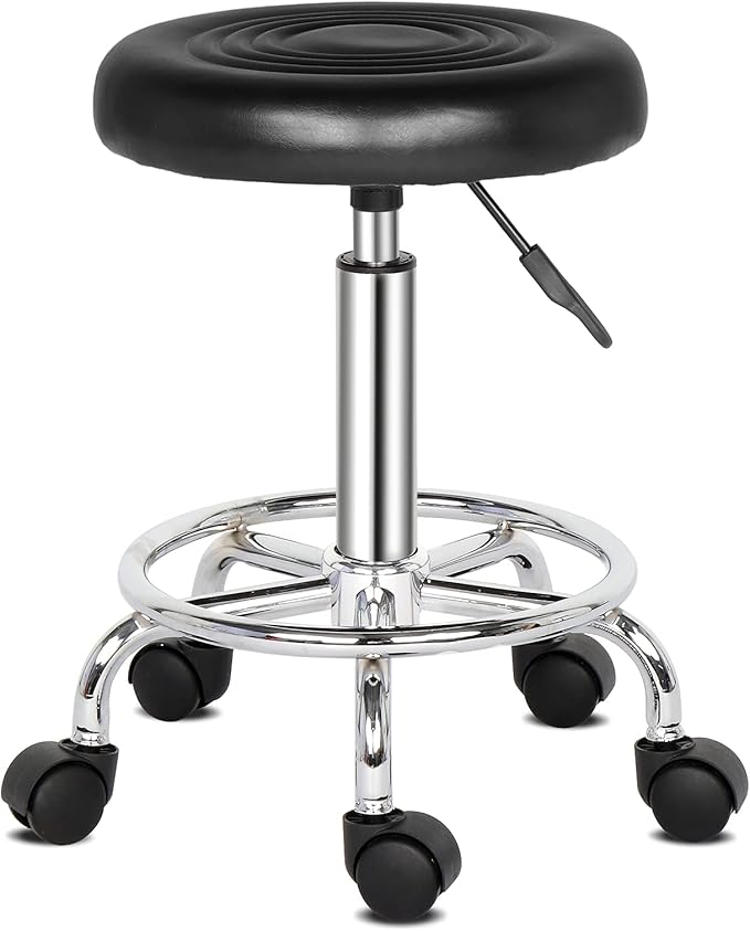 Modern Rolling Round Stool Chair,PU Leather Swivel Adjustable Rolling Stools,Ergonomic Swivel Salon Spa Barstools,Office Drafting Chairs,with Wheels,for Home, Kitchen, Medical, Lab (Black)