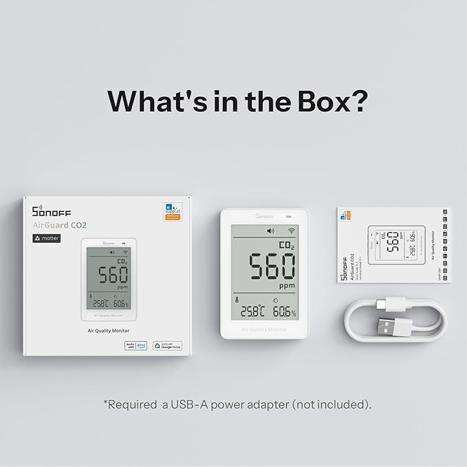 SONOFF AirGuard CO2, Smart Indoor Air Quality Monitor, Matter Compatible, 2.4GHz WiFi, Carbon Dioxide Detector for CO2/Temp/Humidity, Real-Time Display & Alarm, for Bedroom, Nusery Room