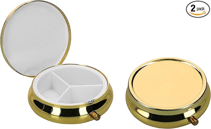 kwmobile 3 Compartment Pill Box - Set of 2X Stainless Steel Travel Box Organizer for Tablets and Prescriptions - Gold