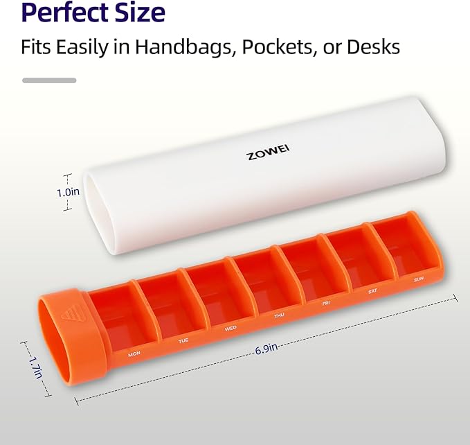 Weekly Travel Pill Organizer, 7 Day Small Pill Organizer, Water Proof Compact Daily Pill Case, Portable Medicine Case, Cute Pill Holder for Vitamins Supplements, Drawer-Shaped Pills Organizer (Orange)