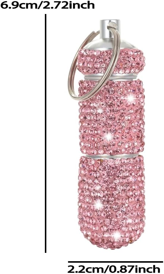 Bling Pill Case Portable Travel Pill Container Bottle Rhinestone Waterproof Small Pill Holder with Keychain Cute Mini Pill Storage Box (Pink)