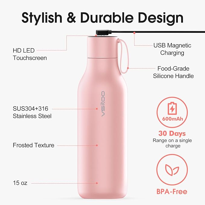 VSITOO 33oz Smart Self-Cleaning Water Bottle，Large Insulated Stainless Steel Bottle with AI Self-Clean, 30-Day Battery & Magnetic Charging for Outdoor Travel, Gym or Office, Pink