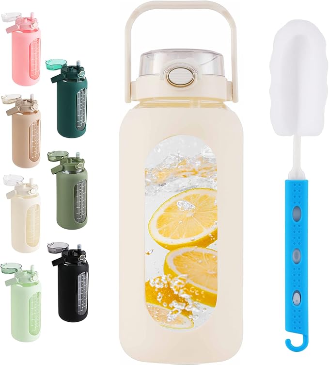 Glass Water Bottle with Straw and Handle Lid Half Gallon Motivational Glass Bottle with Silicone Sleeve and Time Marker Large Reusable Sports Water Jug for Gym Home Workout