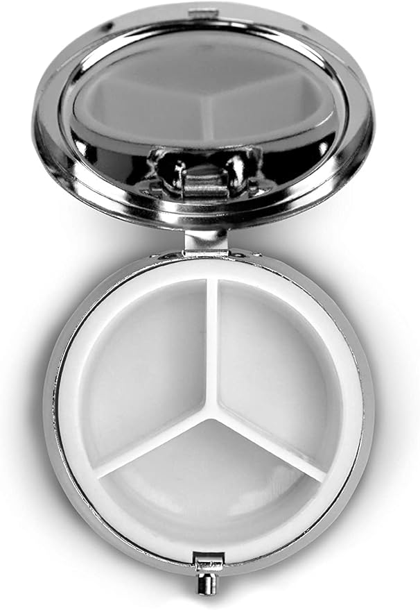 Transparent 3-Compartment Medicine Pill Case, Portable Round Pill Box for Pocket or Purse, Decorative Metal Medicine Vitamin Organizer. (Red Skull)