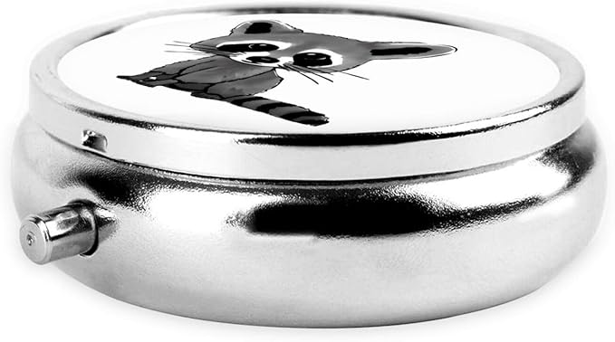 Cartoon Cute Raccoon Printed Round Travel Pill Box Cute Small Metal Pocket Pill Case for Men & Women 3 Compartment Portable Pill Organizer for Purse or Pocket