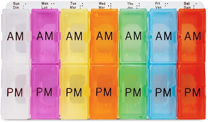 AM/PM Color Coded Weekly Medication Planner with Tray - Each Twice a Day Daily Pill Box is Removable and a Different Color - Easy to Use Pill Organizer (AM/PM)