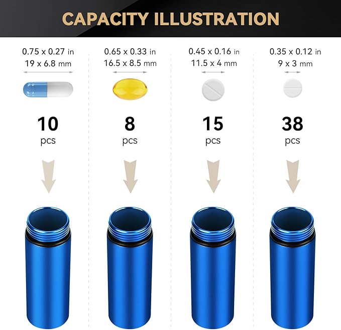 Tactical Mini Pill Case, Durable Metal Small Pill Holder for Pocket or Purse, Waterproof Medicine Bottle for Travel, EDC, Outdoors - Blue