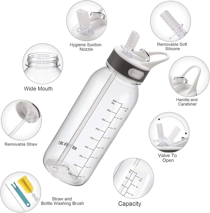 student 32oz tritan Water Bottle with Straw & Handle, BPA Free clear sports Bottle with Time Marker, Leakproof drinking water bottle, Dishwasher Safe water Jug for Gym, School,travel, Fitness Outdoor