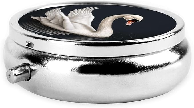 Pill Box 3 Compartment Medicine Pill Organizer White Swan Round Pill Case for Purse & Pocket Travel Pillbox Portable Metal Medicine Vitamin Fish Oil Organizer Unique Gift