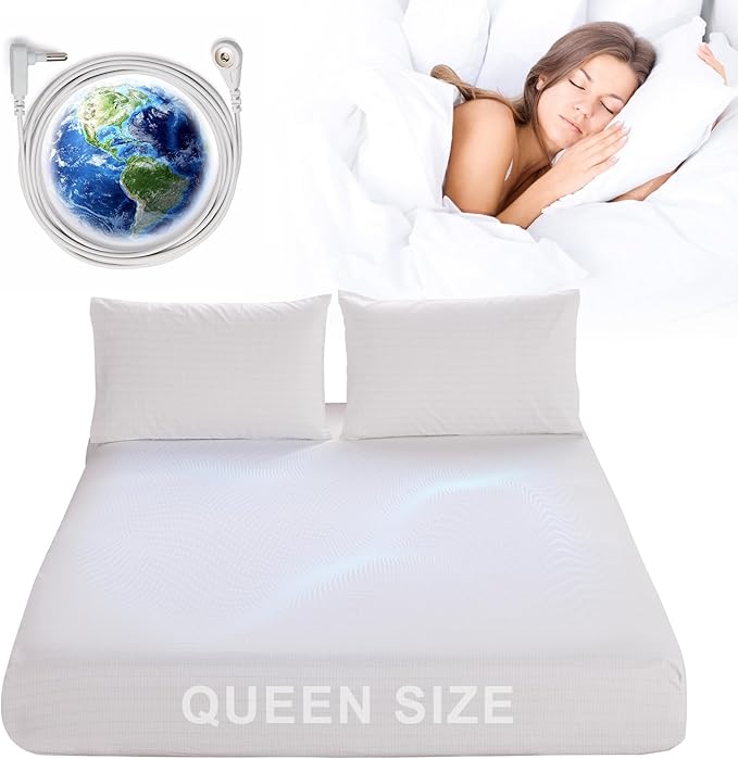 Grounding Sheets for Earthing Queen Size, Fitted Earthing Sheets Grounding Fitted Sheet for Improving Sleep, Better Working and Help with Anxiety, Organic Cotton & Silver Fiber, White