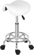 Modern Rolling Saddle Seat Stool Chair,PU Leather Swivel Adjustable Rolling Stools,Ergonomic Swivel Salon Spa Barstools,Office Drafting Chairs,with Wheels,for Home, Kitchen, Medical, Lab (White)