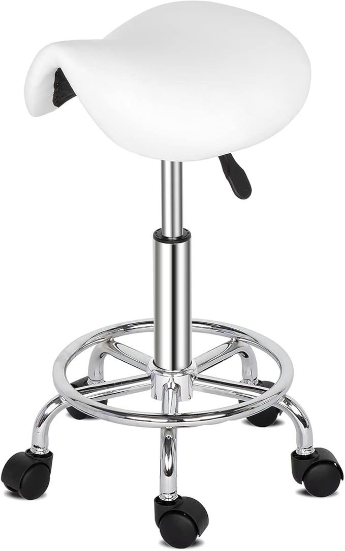 Modern Rolling Saddle Seat Stool Chair,PU Leather Swivel Adjustable Rolling Stools,Ergonomic Swivel Salon Spa Barstools,Office Drafting Chairs,with Wheels,for Home, Kitchen, Medical, Lab (White)
