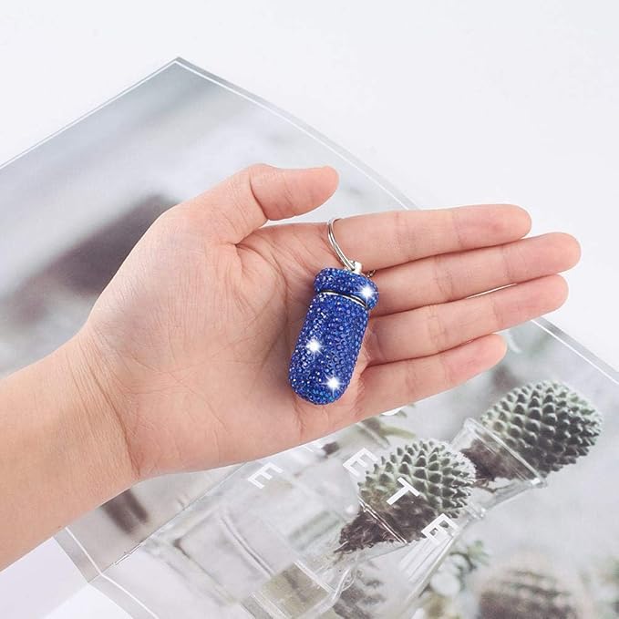 XhuangTech Waterproof Keychain Pill Box Bling Round Medicine Organizer Holder Container Aluminum Portable Mini Bottle Storage Case for Outdoor Travel Camping Purse Pocket (Deep Blue)