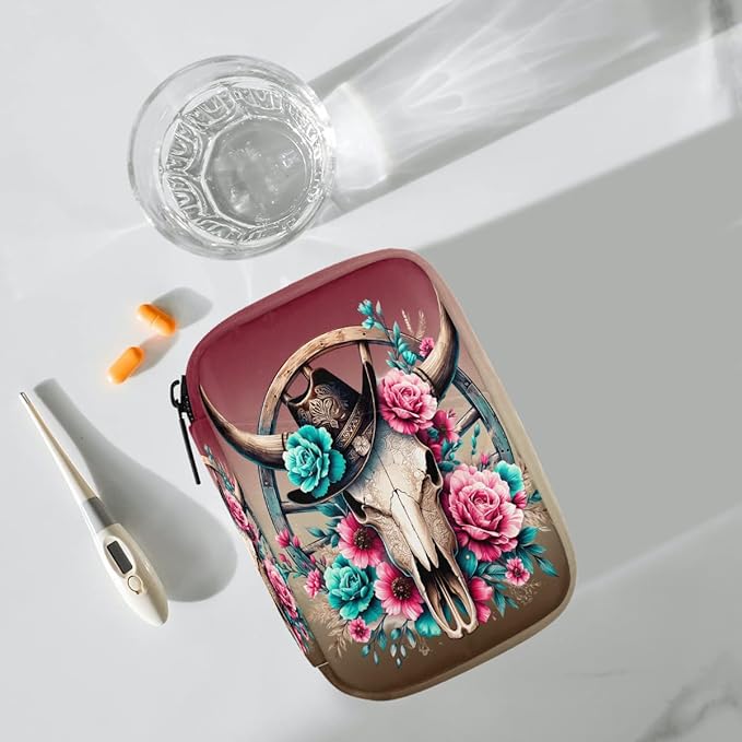 Western Cowboy Skull Pill Case Travel Pill Organizer Weekly 7 Day Portable with Zipper Medicine Box Pill Case for Vitamins, Birth Control,Fish Oils,Medication, Supplements