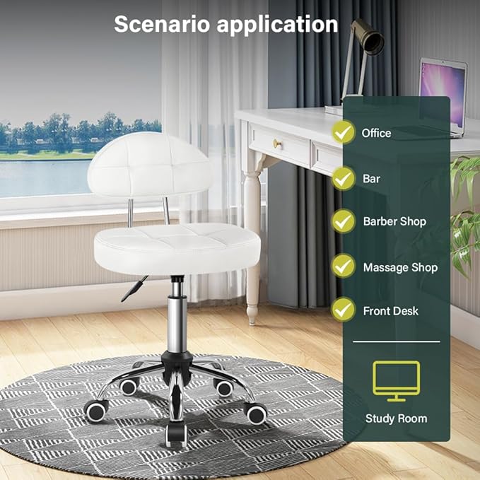 Square Minimalist Swivel Stool with Wheel for Work SPA Shop Massage Height-Adjustable and Cost-Effective Rolling Stool Chair with Back White
