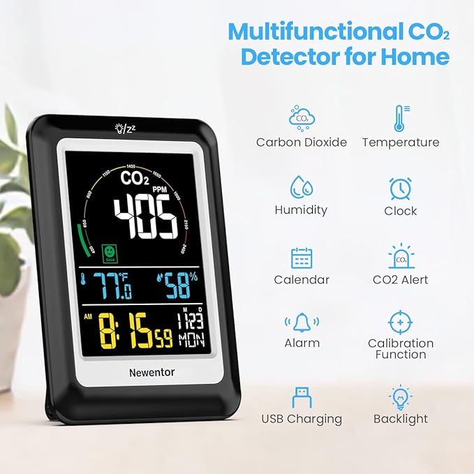 Newentor CO2 Detector with Indoor Temperature Humidity, CO2 Monitor with Clock Alarm, Carbon Dioxide Detector for Home, Portable Air Quality Monitor CO2 Meter Sensor for Tent Garden Plant, Black